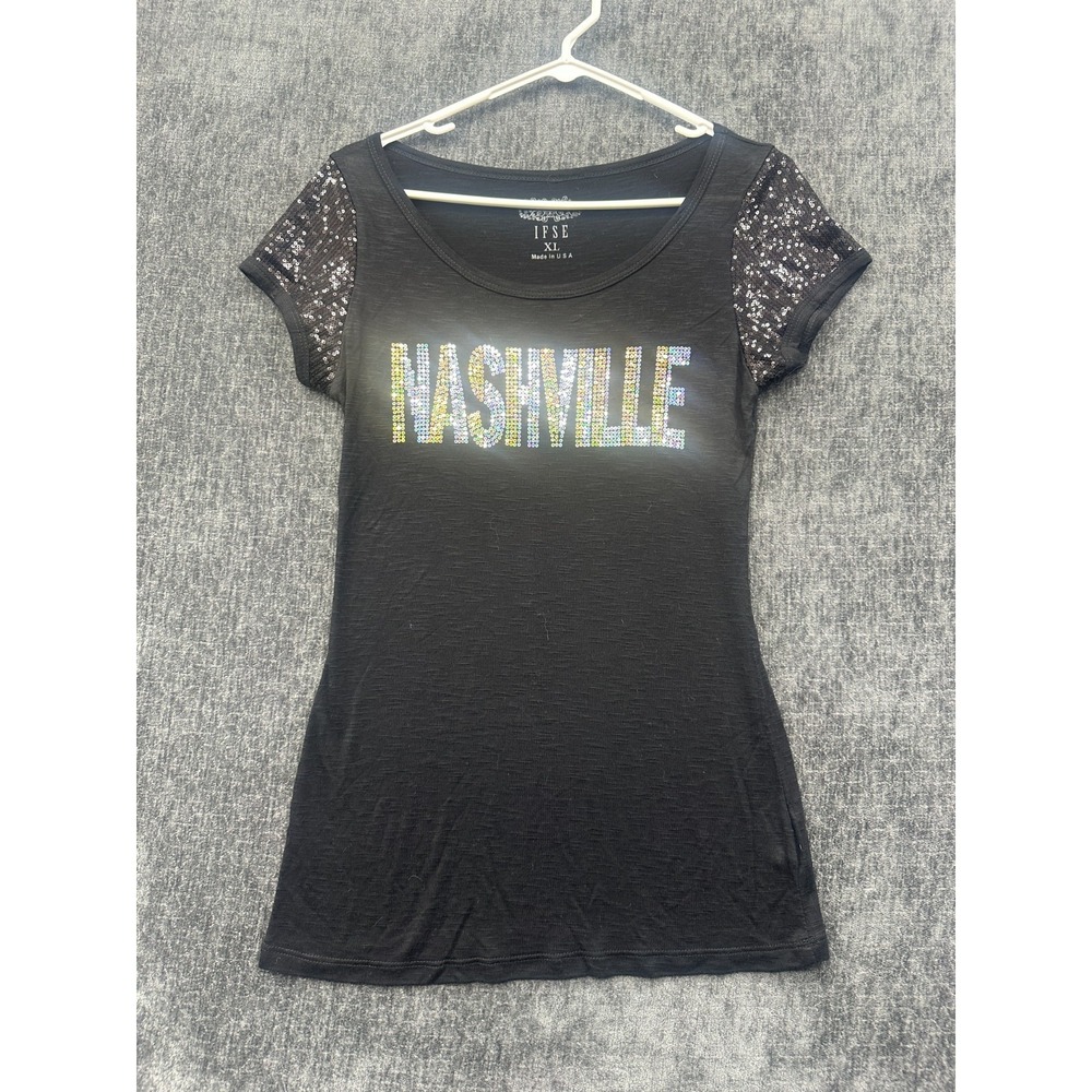 Vintage‎ IFSE T Shirt Womens XL Black Short Sleeve Nashville Music City Sequins